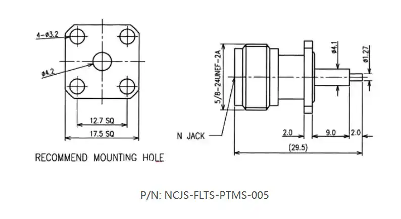 N Female Waterproof Terminal,4 hole Flange, 9mm Insulator and 2mm Pin, 6 Ghz