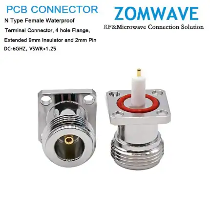 N Female Waterproof Terminal,4 hole Flange, 9mm Insulator and 2mm Pin, 6Ghz