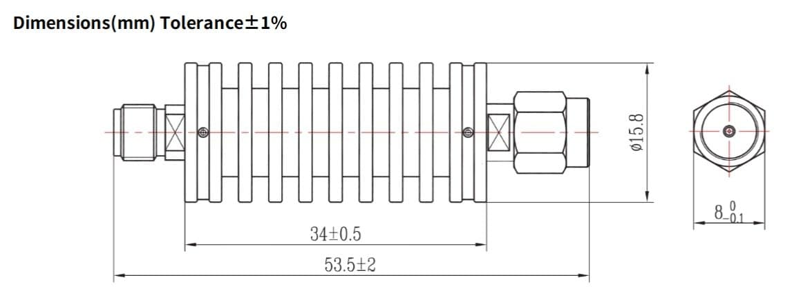 40dB Fixed Attenuator, SMA Male to SMA Female, 15Watts, DC-18 GHz, VSWR
