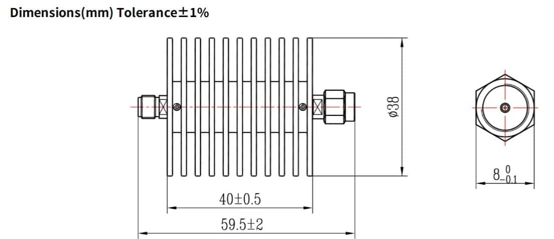 40dB Fixed Attenuator, SMA Male to SMA Female, 20Watts, DC-18 GHz, VSWR
