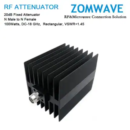 20dB Fixed Attenuator, N Male to N Female, 100Watts, DC-18 GHz, Rectangular, VSWR