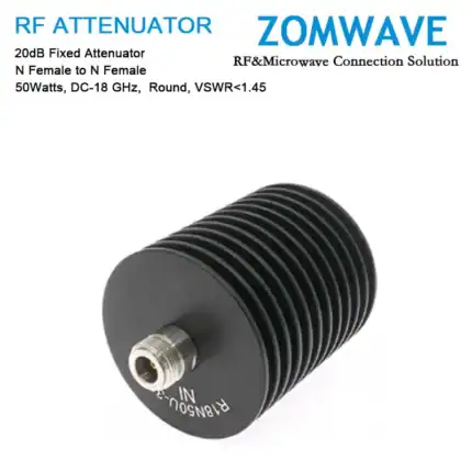 20dB Fixed Attenuator, N Female to N Female, 50Watts, DC-18 GHz, Round, VSWR