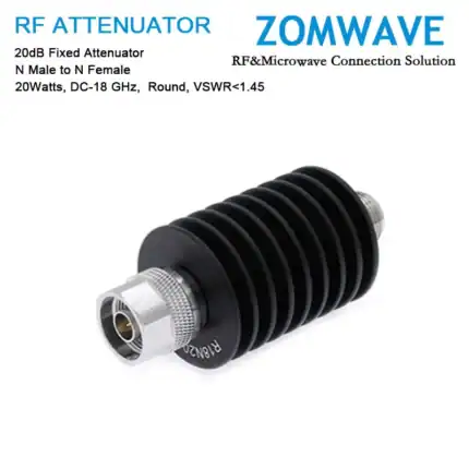 20dB Fixed Attenuator, N Male to N Female, 20Watts, DC-18 GHz, Round, VSWR