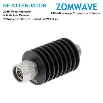20dB Fixed Attenuator, N Male to N Female, 25Watts, DC-18 GHz, Round, VSWR