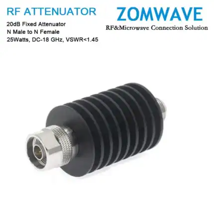20dB Fixed Attenuator, N Male to N Female, 25Watts, DC-18 GHz, VSWR