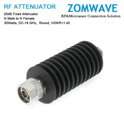 20dB Fixed Attenuator, N Male to N Female, 30Watts, DC-18 GHz, Round, VSWR