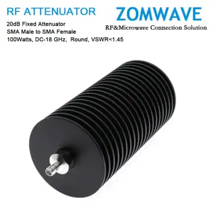 20dB Fixed Attenuator, SMA Male to SMA Female, 100Watts, DC-18 GHz, Round, VSWR