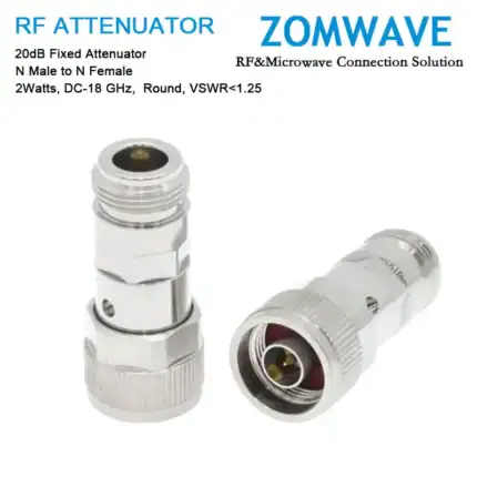 20dB Fixed Attenuator, N Male to N Female, 2Watts, DC-18 GHz, Round, VSWR