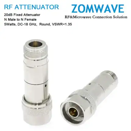 20dB Fixed Attenuator, N Male to N Female,5Watts, DC-18 GHz, Round, VSWR