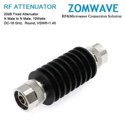 20dB Fixed Attenuator, N Male to N Male, 10Watts, DC-18 GHz, Round, VSWR