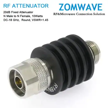 20dB Fixed Attenuator, N Male to N Female, 10Watts, DC-18 GHz, Round, VSWR