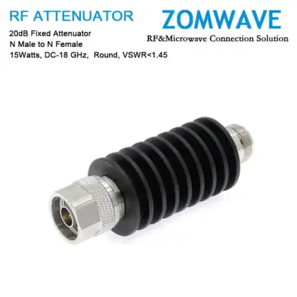 20dB Fixed Attenuator, N Male to N Female, 15Watts, DC-18 GHz, Round, VSWR