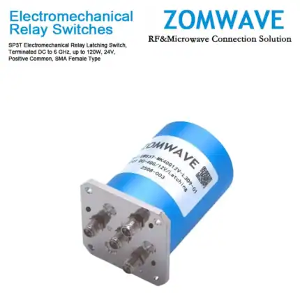 SP3T Electromechanical Relay Latching Switch, Terminated DC to 6 GHz, up to 120W, 24V, Positive Common, SMA Female Type