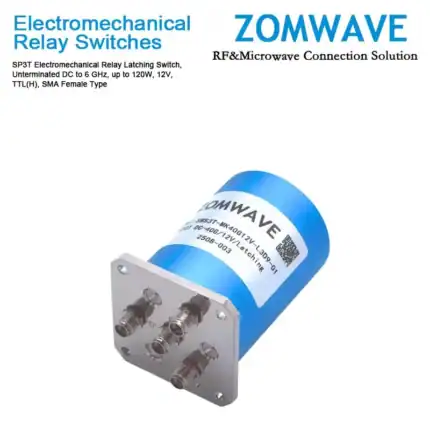 SP3T Electromechanical Relay Latching Switch, Unterminated DC to 6 GHz, up to 120W, 12V, TTL(H), SMA Female Type