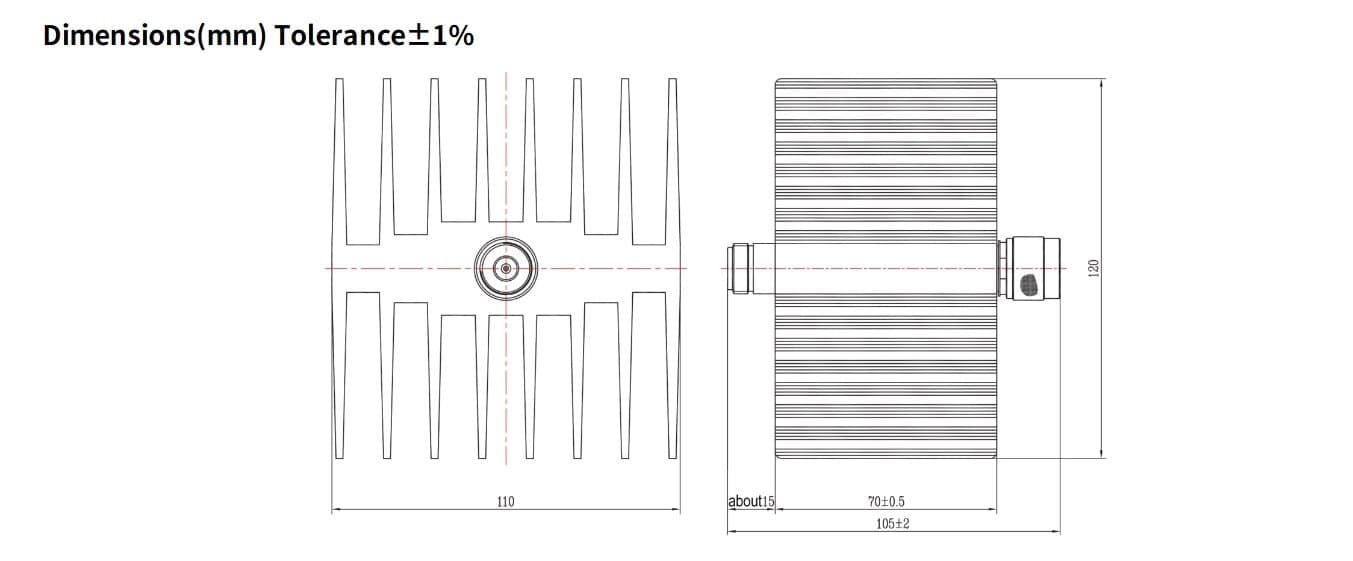 40dB Fixed Attenuator, N Male to N Female, 50Watts, DC-18 GHz, Rectangular, VSWR