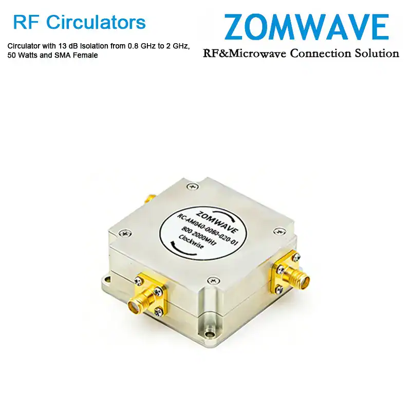 Circulator with 13 dB lsolation from 0.8 GHz to 2 GHz, 50 Watts and SMA Female