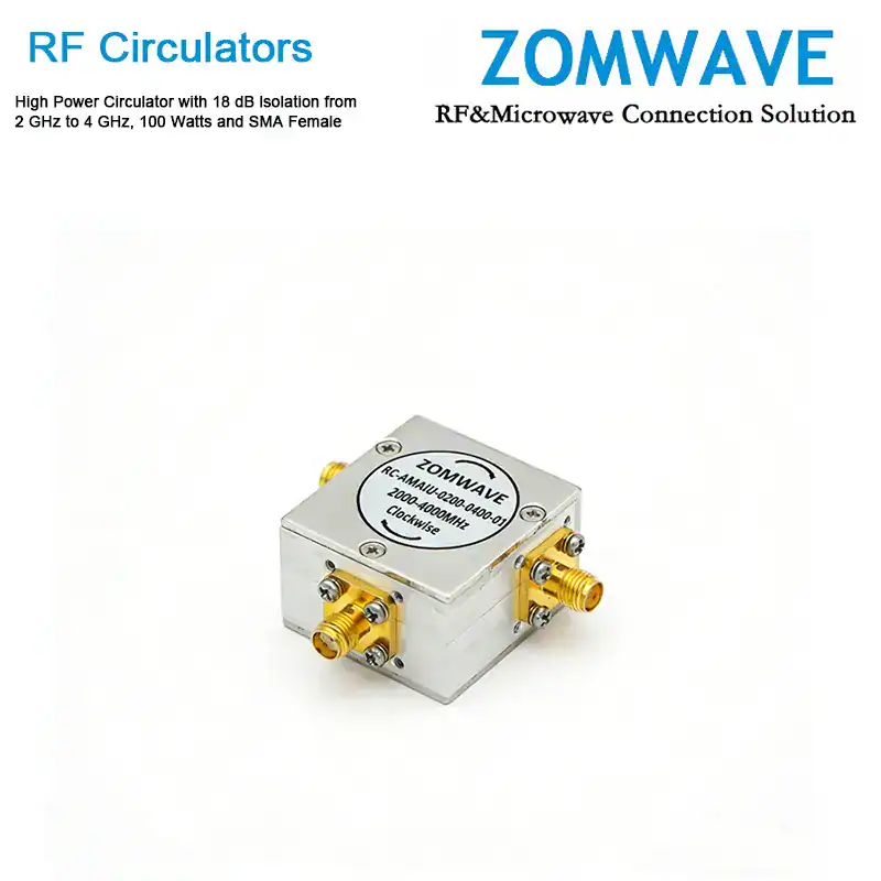 High Power Circulator with 18 dB lsolation from 2 GHz to 4 GHz, 100 Watts and SMA Female