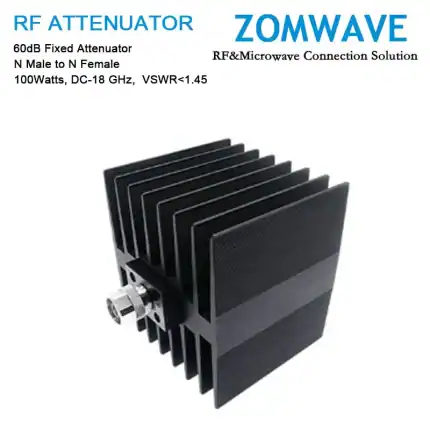 60dB Fixed Attenuator, N Male to N Female, 100Watts, DC-18 GHz, VSWR