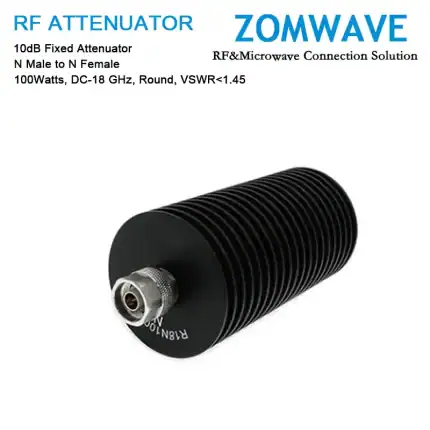 10dB Fixed Attenuator, N Male to N Female, 100Watts, DC-18 GHz, Round, VSWR