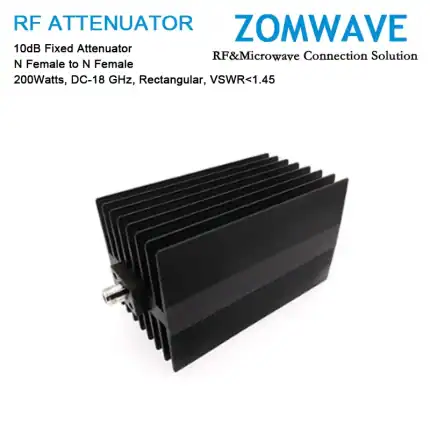 10dB Fixed Attenuator, N Female to N Female, 200Watts, DC-18 GHz, Rectangular, VSWR
