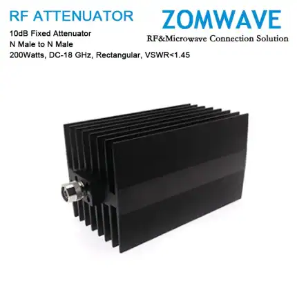10dB Fixed Attenuator, N Male to N Male, 200Watts, DC-18 GHz, Rectangular, VSWR