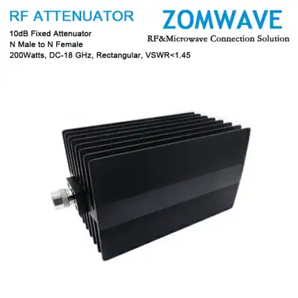 10dB Fixed Attenuator, N Male to N Female, 200Watts, DC-18 GHz, Rectangular, VSWR