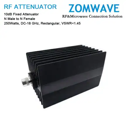 10dB Fixed Attenuator, N Male to N Female, 250Watts, DC-18 GHz, Rectangular, VSWR