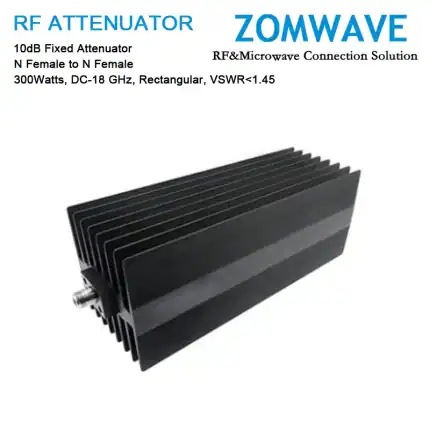 10dB Fixed Attenuator, N Female to N Female, 300Watts, DC-18 GHz, Rectangular, VSWR