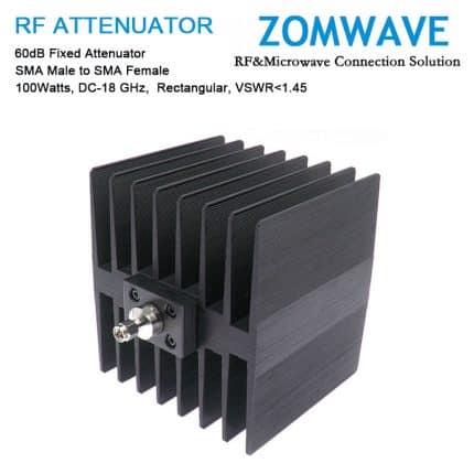 60dB Fixed Attenuator, SMA Male to SMA Female, 100Watts, DC-18 GHz, Rectangular, VSWR