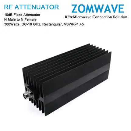 10dB Fixed Attenuator, N Male to N Female, 300Watts, DC-18 GHz, Rectangular, VSWR