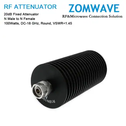 20dB Fixed Attenuator, N Male to N Female, 100Watts, DC-18 GHz, Round, VSWR