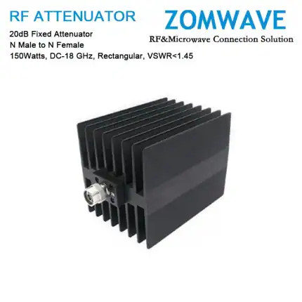 20dB Fixed Attenuator, N Male to N Female, 150Watts, DC-18 GHz, Rectangular, VSWR1.45