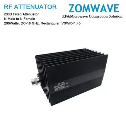 20dB Fixed Attenuator, N Male to N Female, 200Watts, DC-18 GHz, Rectangular, VSWR1.45