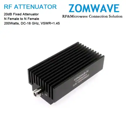 20dB Fixed Attenuator, N Female to N Female, 200Watts, DC-18 GHz, VSWR1.45