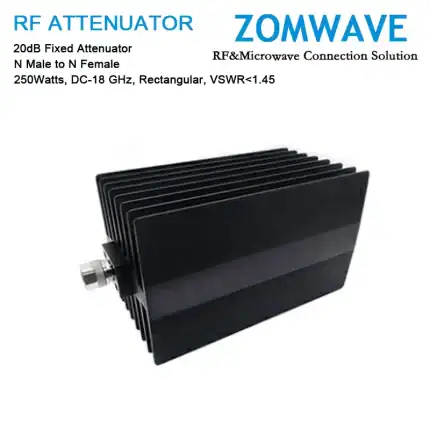 20dB Fixed Attenuator, N Male to N Female, 250Watts, DC-18 GHz, Rectangular, VSWR1.45
