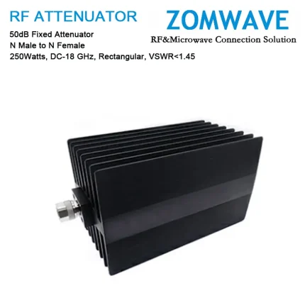 50dB Fixed Attenuator, N Male to N Female, 250Watts, DC-18 GHz, Rectangular, VSWR1.45