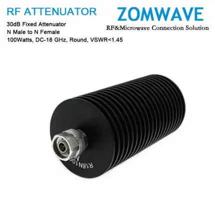 30dB Fixed Attenuator, N Male to N Female, 100Watts, DC-18 GHz, Round, VSWR1.45