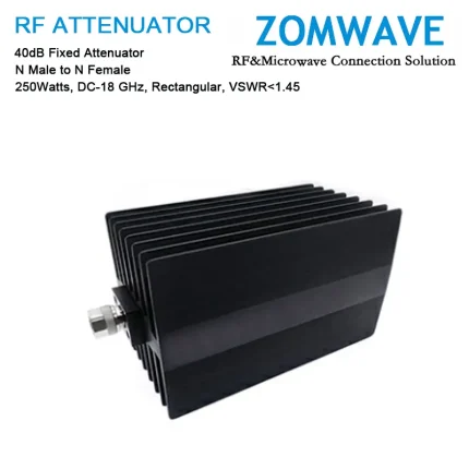 40dB Fixed Attenuator, N Male to N Female, 250Watts, DC-18 GHz, Rectangular, VSWR1.45