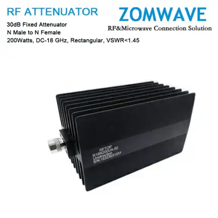 30dB Fixed Attenuator, N Male to N Female, 200Watts, DC-18 GHz, Rectangular, VSWR1.45