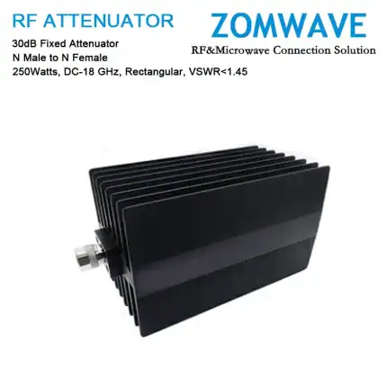 30dB Fixed Attenuator, N Male to N Female, 250Watts, DC-18 GHz, Rectangular, VSWR1.45