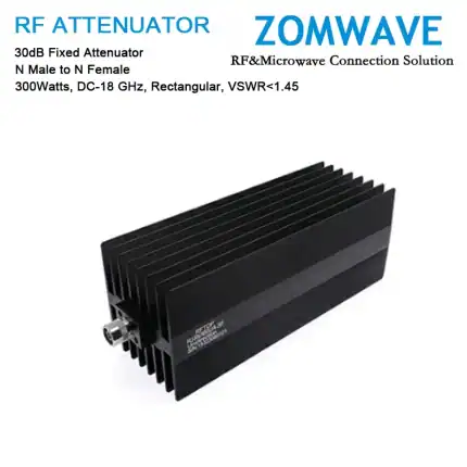 30dB Fixed Attenuator, N Male to N Female, 300Watts, DC-18 GHz, Rectangular, VSWR1.45