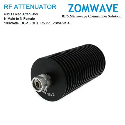 40dB Fixed Attenuator, N Male to N Female, 100Watts, DC-18 GHz, Round, VSWR1.45