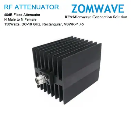 40dB Fixed Attenuator, N Male to N Female, 150Watts, DC-18 GHz, Rectangular, VSWR1.45
