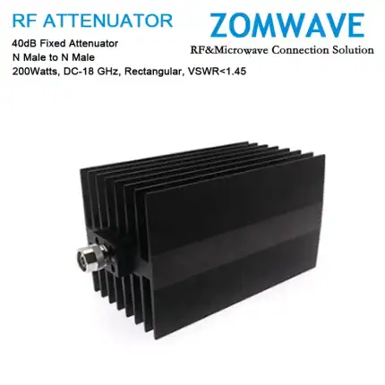 40dB Fixed Attenuator, N Male to N Male, 200Watts, DC-18 GHz, Rectangular, VSWR1.45