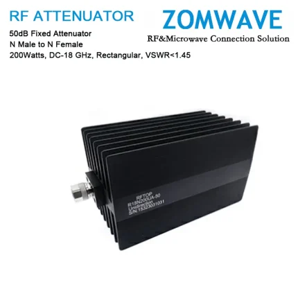 50dB Fixed Attenuator, N Male to N Female, 200Watts, DC-18 GHz, Rectangular, VSWR1.45