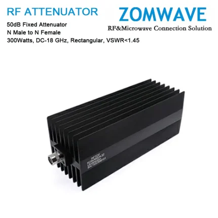 50dB Fixed Attenuator, N Male to N Female, 300Watts, DC-18 GHz, Rectangular, VSWR1.45