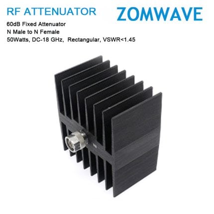 60dB Fixed Attenuator, N Male to N Female, 50Watts, DC-18 GHz, Rectangular, VSWR