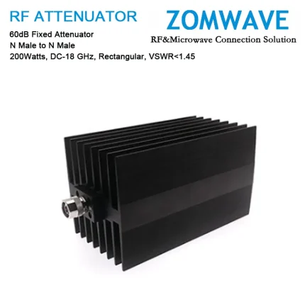 60dB Fixed Attenuator, N Male to N Male, 200Watts, DC-18 GHz, Rectangular, VSWR1.45