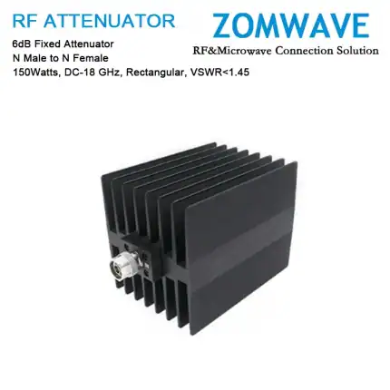6dB Fixed Attenuator, N Male to N Female, 150Watts, DC-18 GHz, Rectangular, VSWR