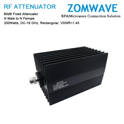 60dB Fixed Attenuator, N Male to N Female, 200Watts, DC-18 GHz, Rectangular, VSWR1.45